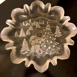 Christmas Story Bonbon/ Nut Footed Dish. 
9 3/4” 
Clear with frosted accent.